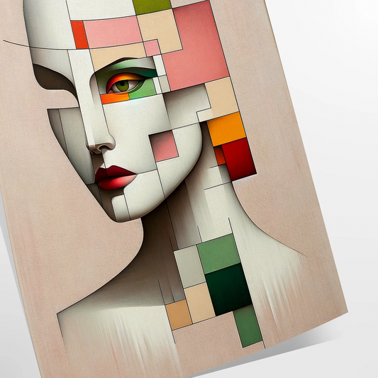 space captivating abstract geometrical human poster vibrant red green hues unique wall art piece thoughtful gift decor stunning artwork unframed variations