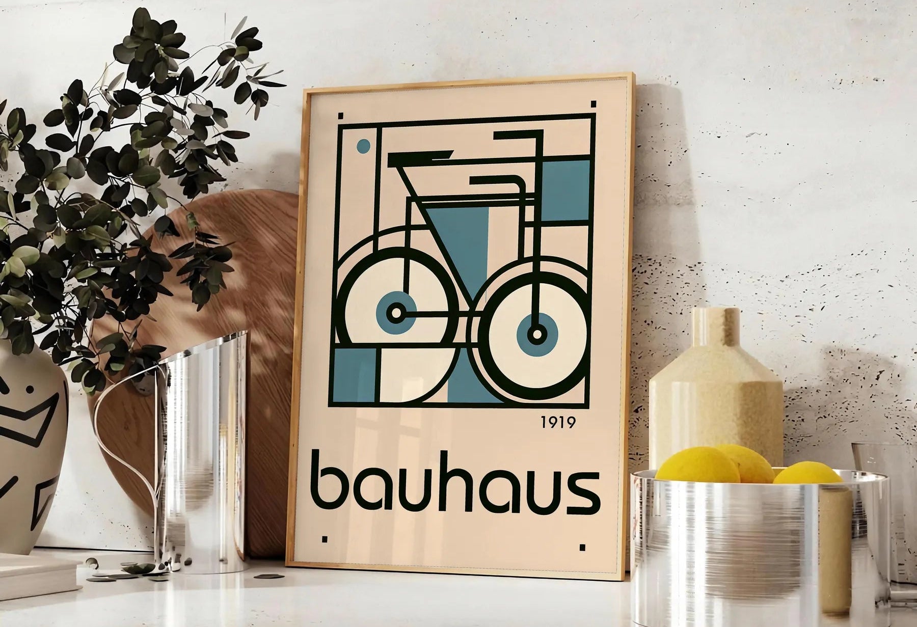 space captivating Bauhaus art print unique bicycle motif striking poster blends iconic design modern flair perfect wall thoughtful gift sizes A4 cm A0